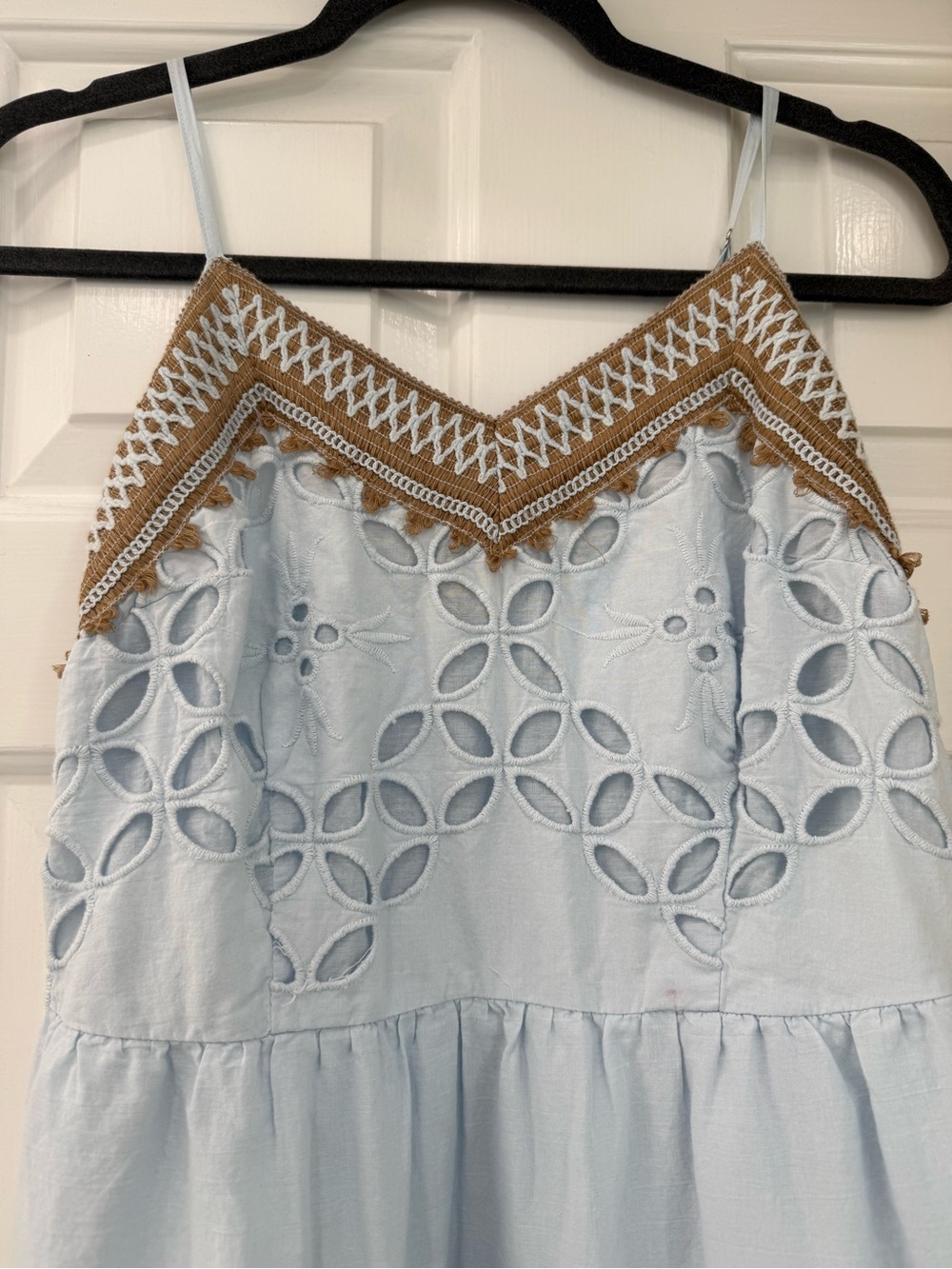 Sky Blue Embroidered Maxi Dress with Gold Trim - Picture 3 of 4